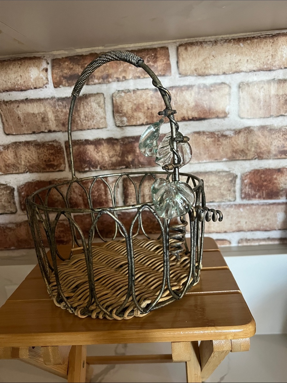 Decorative Wire Basket with Glass Leaf Accents — Silver and Clear